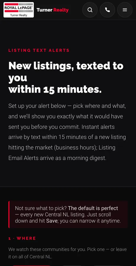 The Listing Text Alerts sign-up page